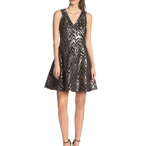 Vince Camuto V-Neck Fit and Flare Jacquard Dress